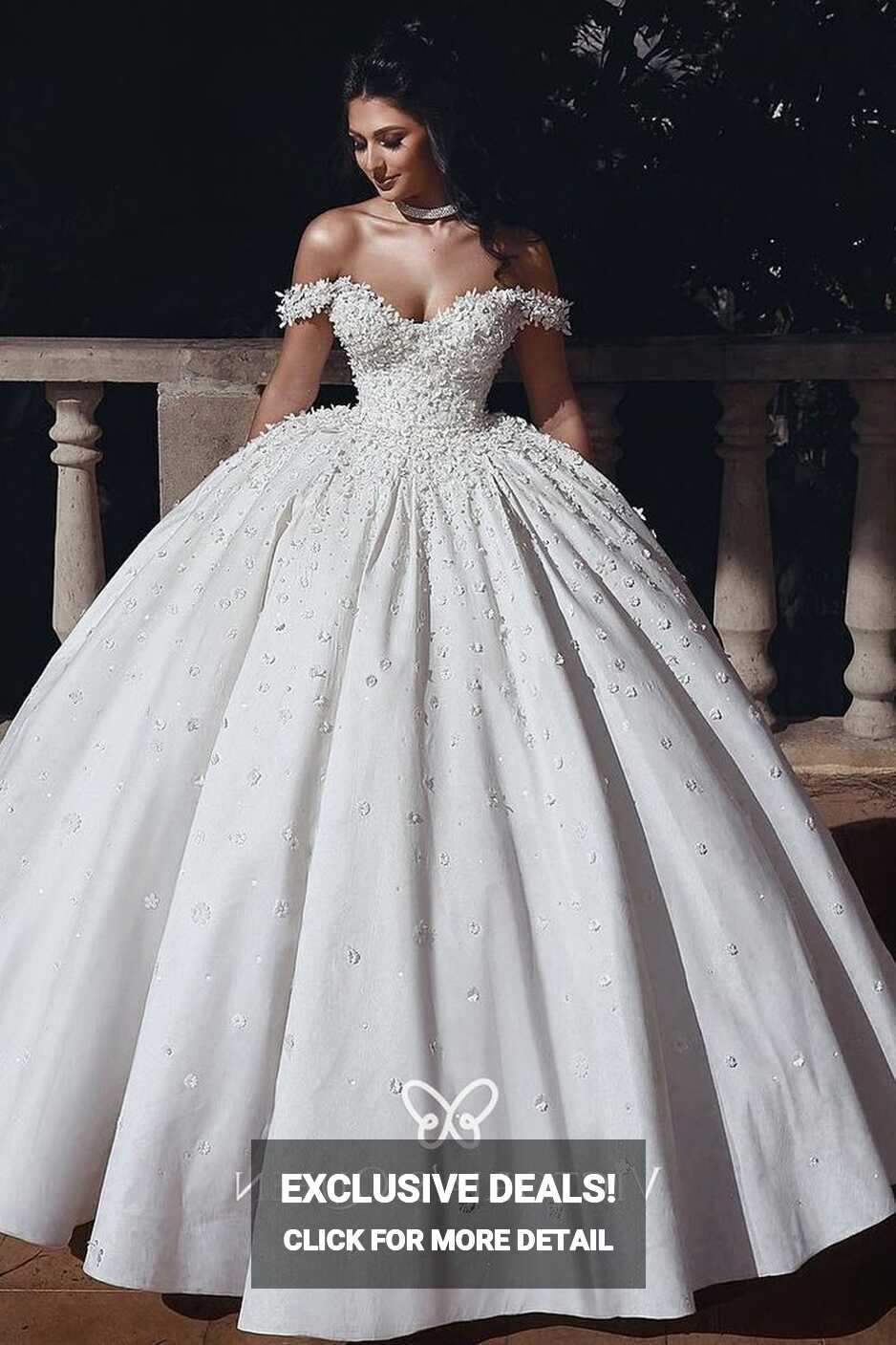 Pearls &amp; Mini Flowers Appliqued Satin Wedding Ball Gown