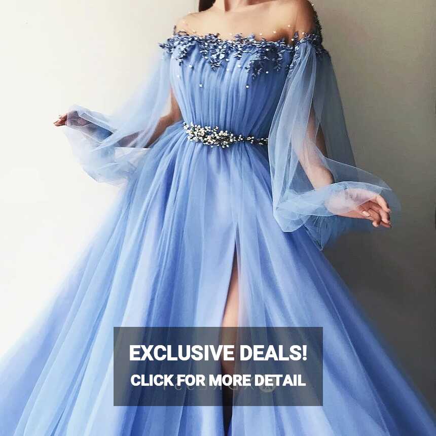 Pearls Off-shoulder Puffy Sleeved Blue Prom Gown - Xdressy