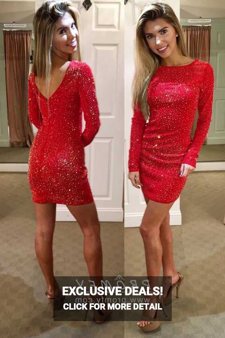 Pearls Red Long Sleeve Short Sheath Cocktail Party Dress - Promfy