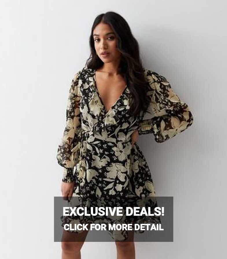 Petite Black Floral Long Sleeve Ruffle Wrap Mini Dress | New Look