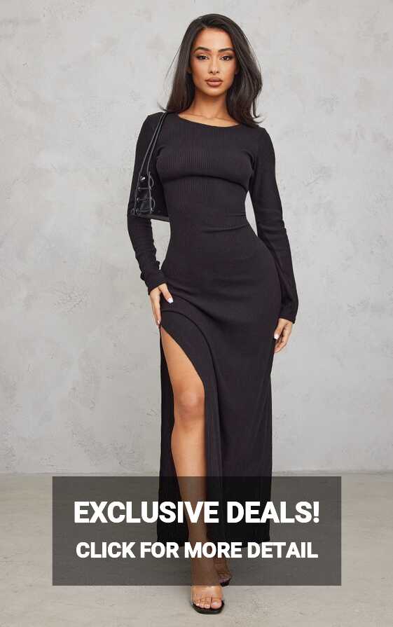 Petite Black Ribbed Long Sleeve Maxi Dress Split ...