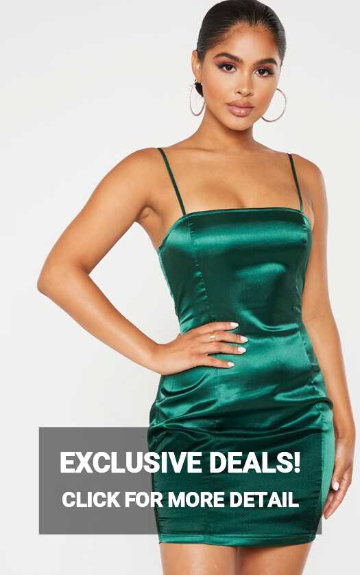 Petite Emerald Green Satin Bodycon Dress | PrettyLittleThing USA