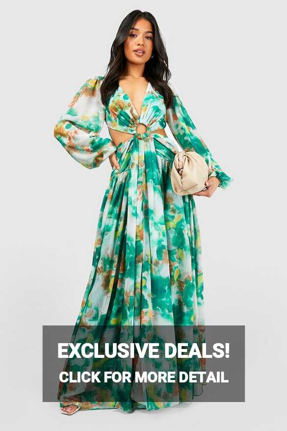 Petite Floral Chiffon Ring Detail Cut Out Maxi Dress | boohoo