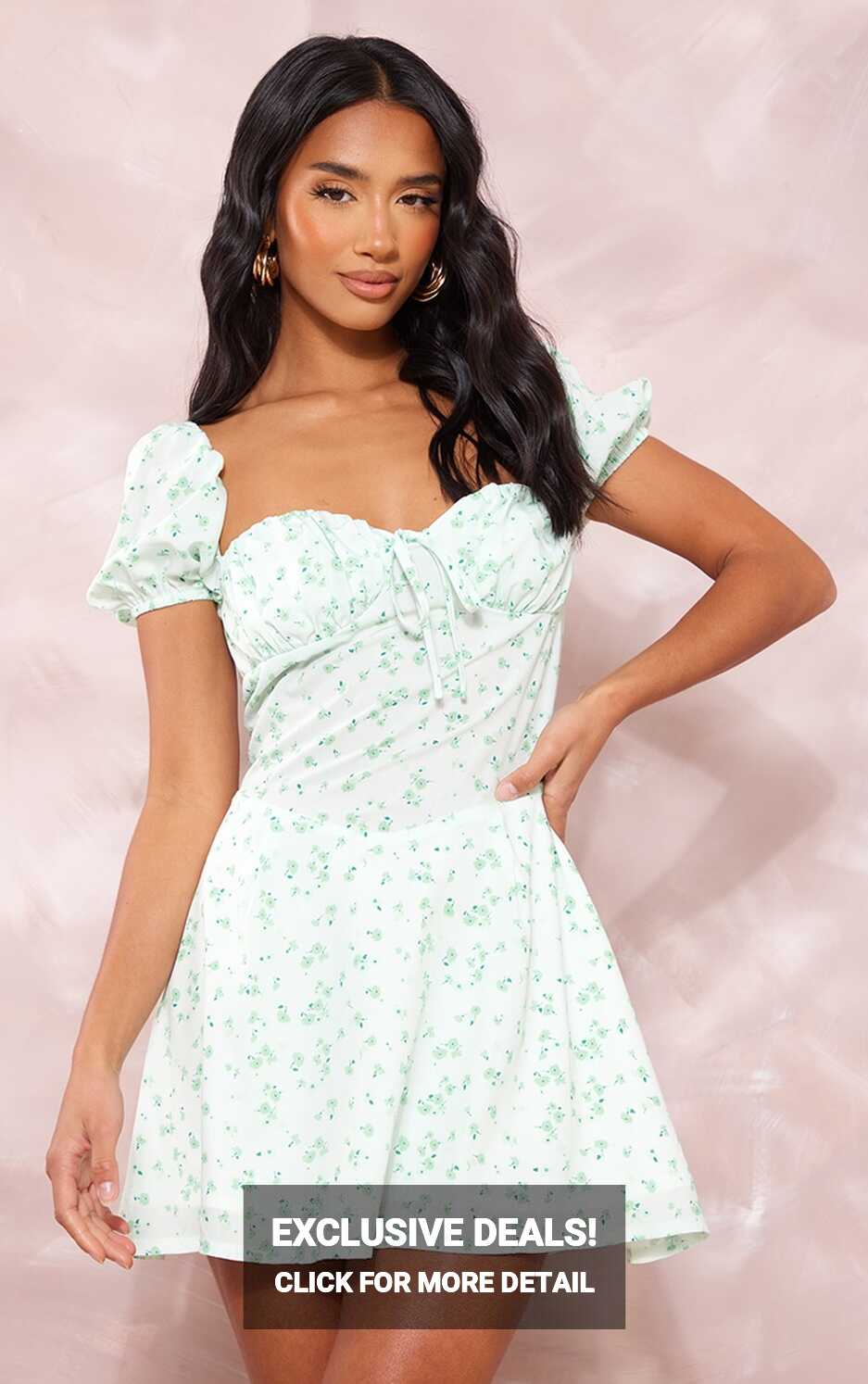 Petite Green Ditsy Floral Short Sleeve Mini Dress ...