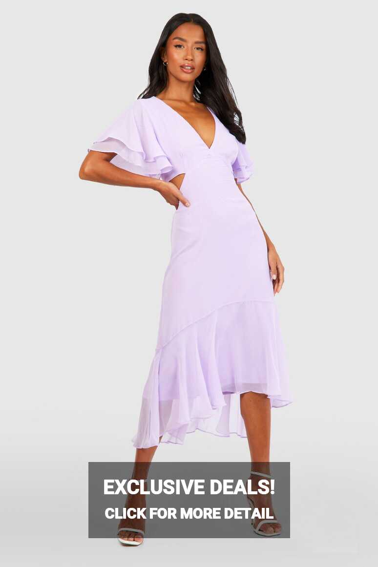 Petite V Neck Angel Sleeve Midi Dress | boohoo