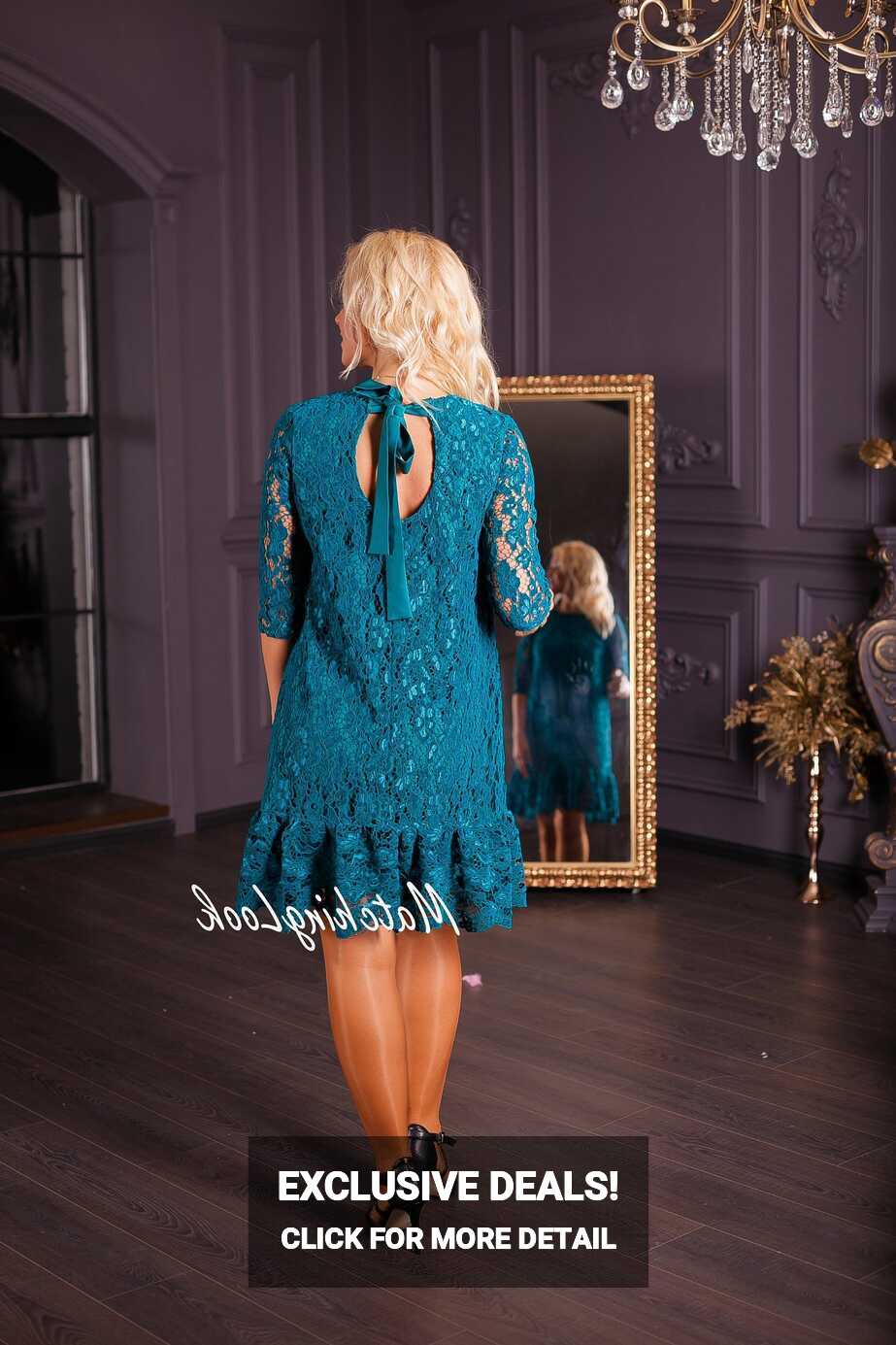 Petrol lace knee length formal dress - teal party dress with sleeves -