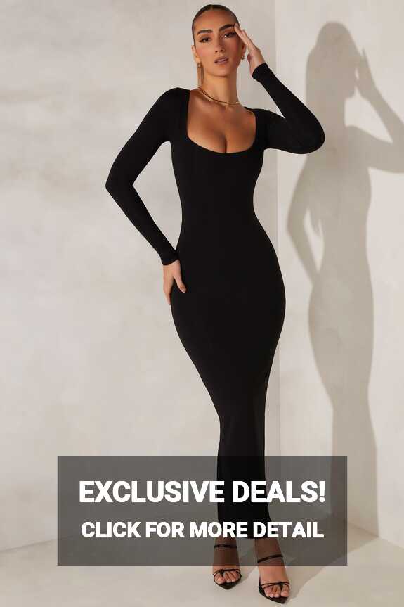 Peyton Long Sleeve Maxi Dress in Black | Oh Polly