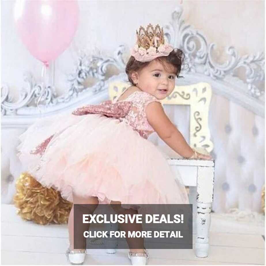 Pink Backless Princess Gold Bow Baby Dress for Girl 1st Birthday ...