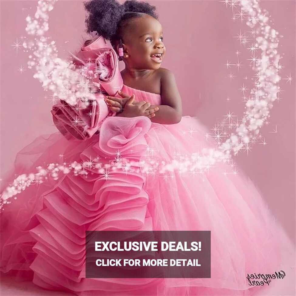 Pink Ball Gown Flower Girl Dresses For Wedding One Shoulder Tiered ...