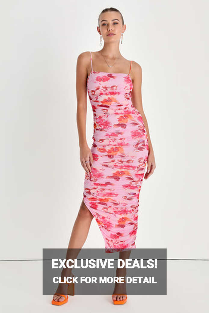 Pink Bodycon Dress - Floral Print Dress - Ruched Mesh Dress - Lulus