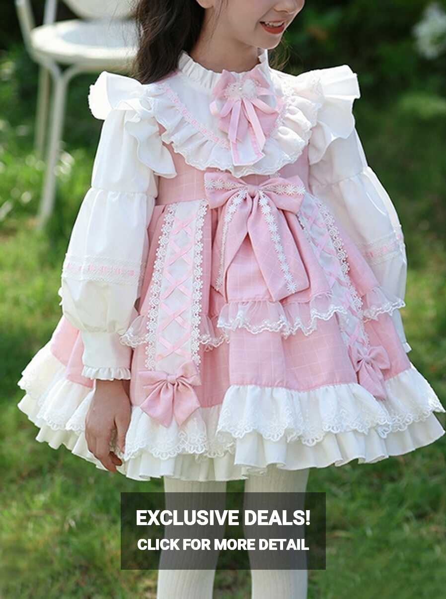 Pink Cute Princess Fluffy Bowknots Puff Sleeves White Ruffles ...