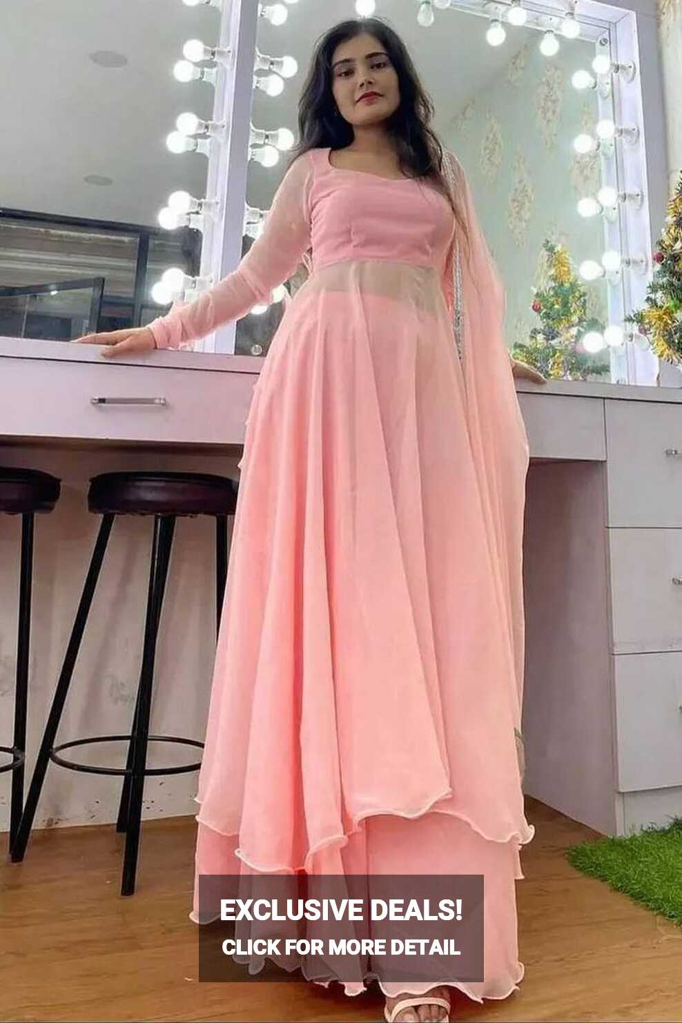 Pink Faux Georgette Plain Gown With Palazzo