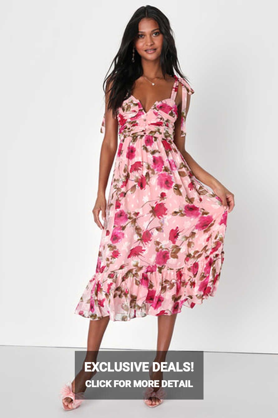 Pink Floral Midi Dress - Tie-Strap Dress - Gathered Floral Dress ...