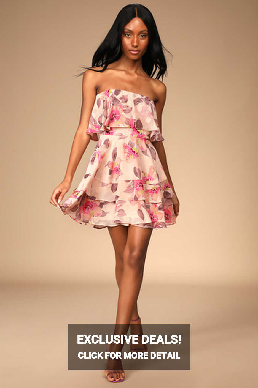 Pink Floral Mini Dress - Jacquard Dress - Ruffled Strapless Dress ...