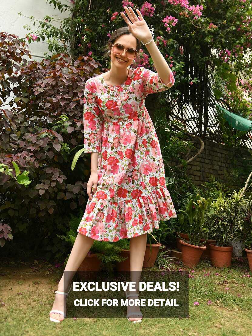 Pink Floral Printed Flared Tiered Knee Length Dress | ADFY-IHACD ...