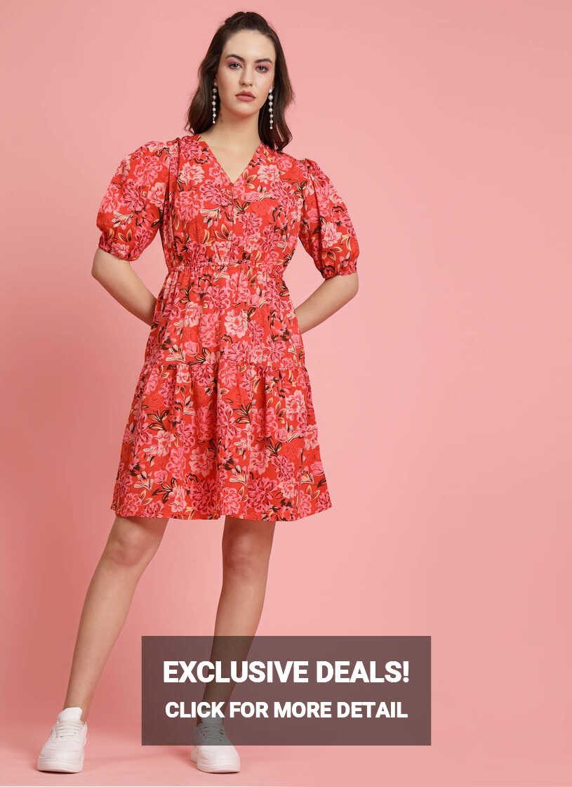 Pink Floral Printed V-Neck Puff Sleeves Gathered A-Line Dress ...