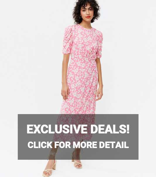 Pink Floral Ruched Puff Sleeve Midi Dress | New Look