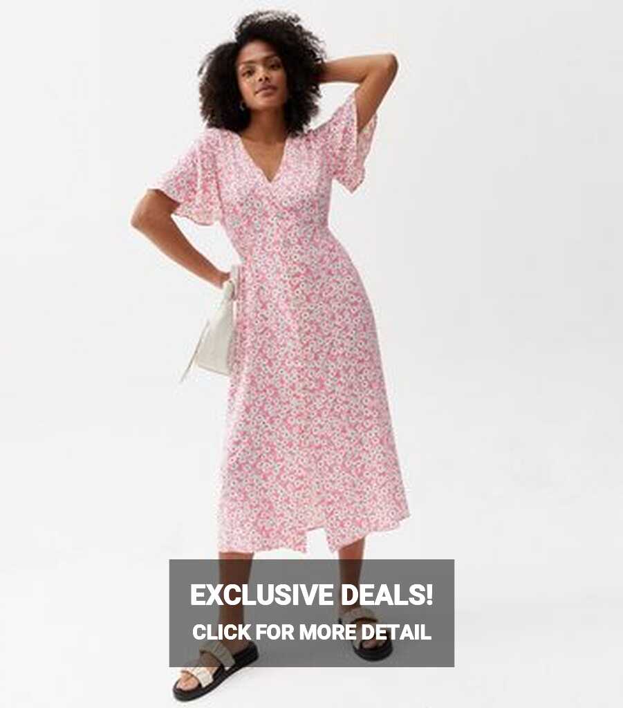 Pink Floral Shirred Button Front Midi Dress | New Look