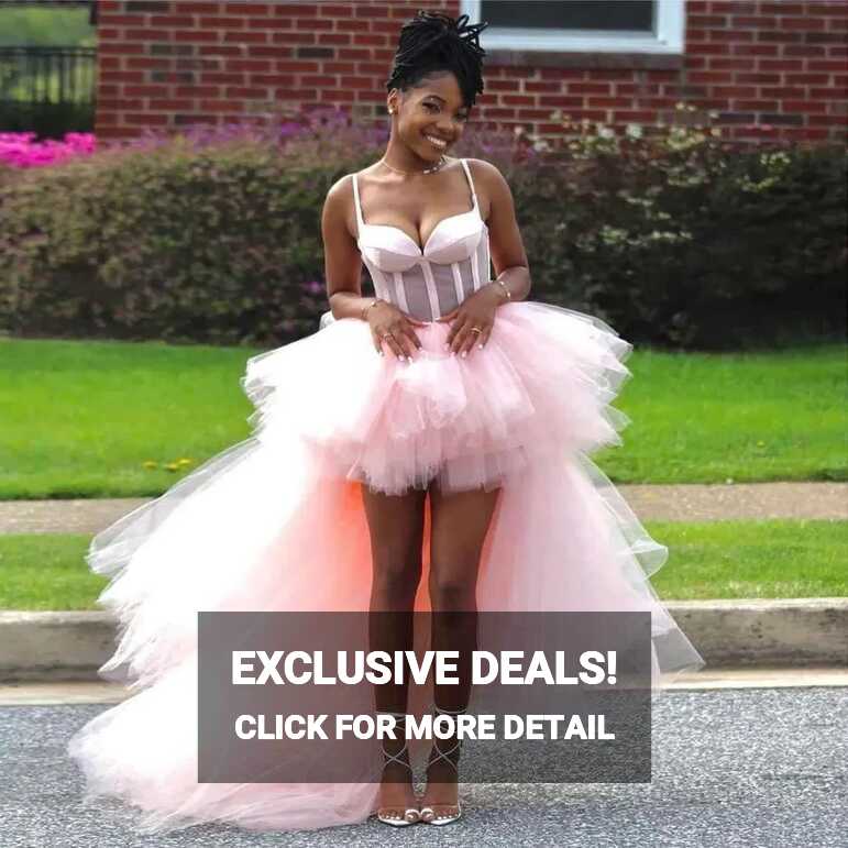 Pink High Low Layered Tulle Prom Dress With Spaghetti Straps ...