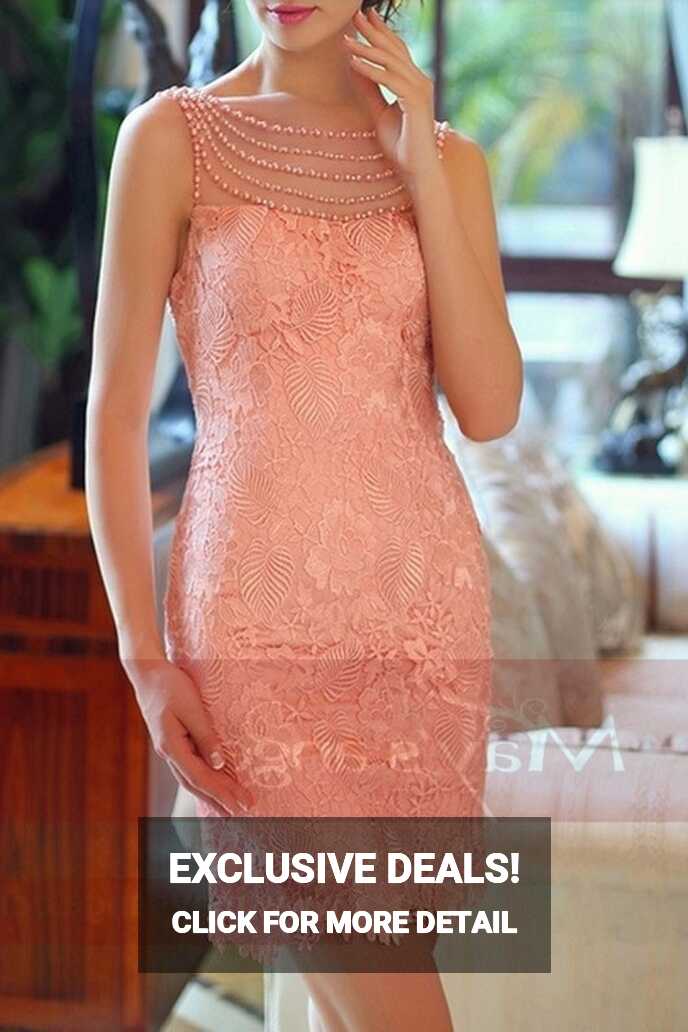 Pink Lace Short Prom Dress With Beaded Neckline