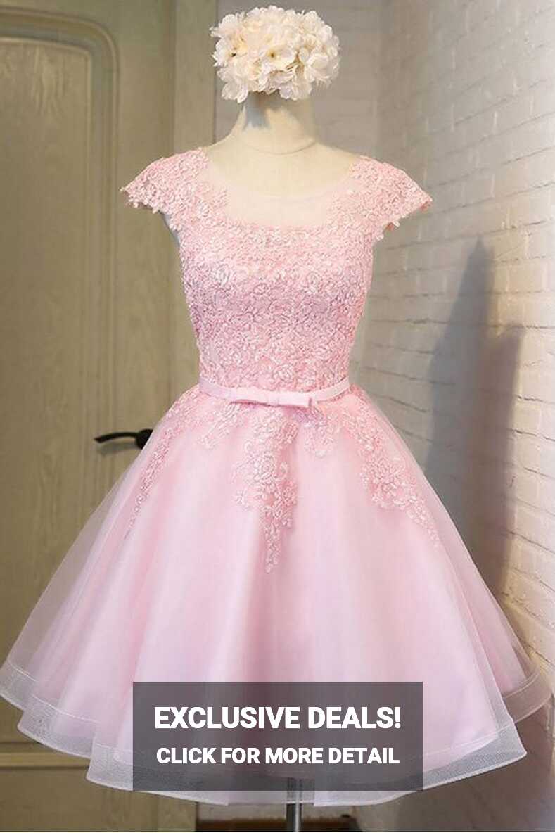 Pink Lace Short Tulle Homecoming Dress Party Dress with Cap ...