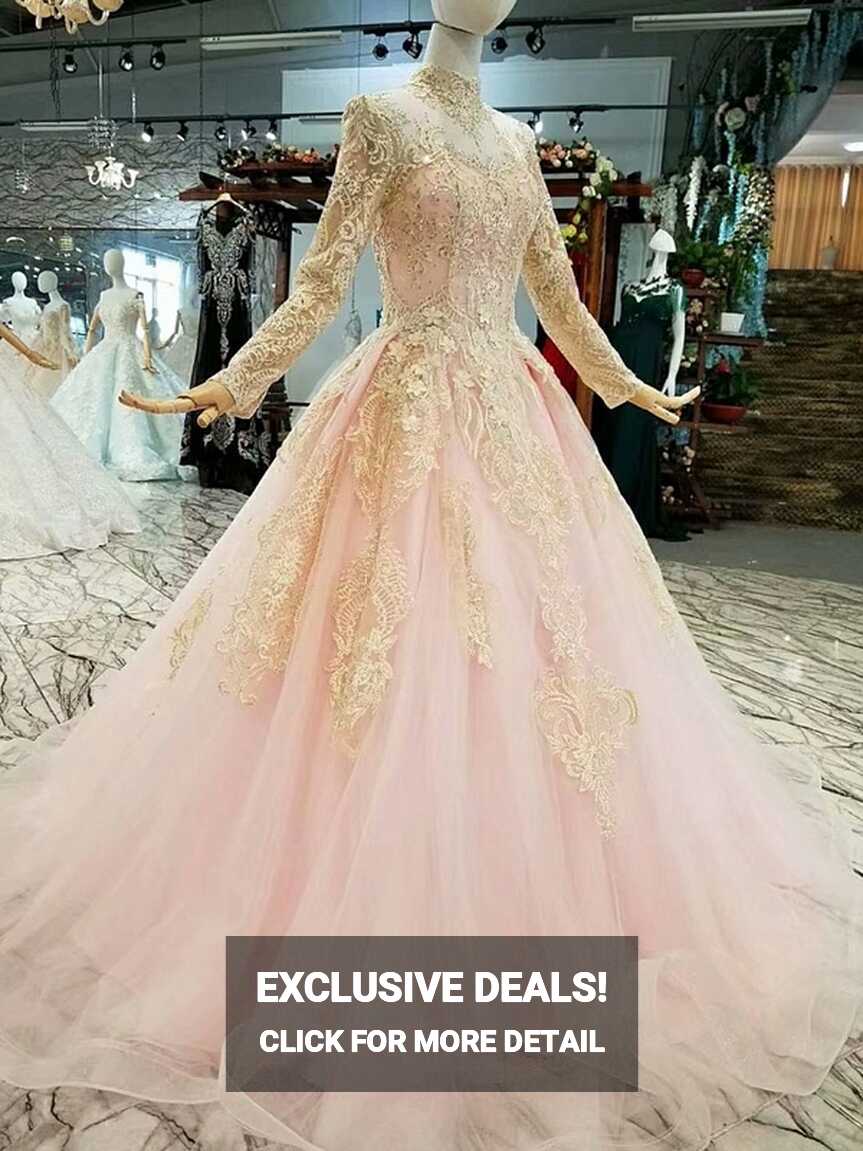 Pink Luxury Sequins Long Sleeve Wedding Gown - OneSimpleGown.com