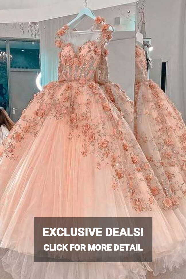 Pink Princess Ball Gown Prom Dresses, See Through Sweet 16 Dress ...