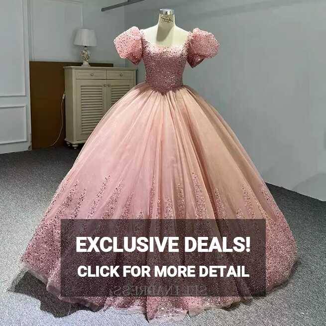 Pink Princess Puff Sleeve Sequins Sweet 16 Beaded Ball Gown ...