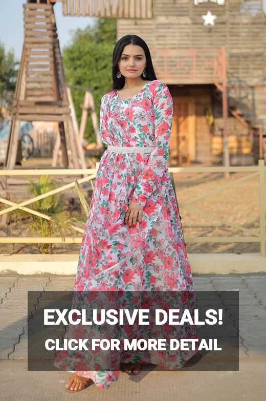 Pink Printed Casual Gown With Dupatta And Belt - Lotus Lehenga Choli