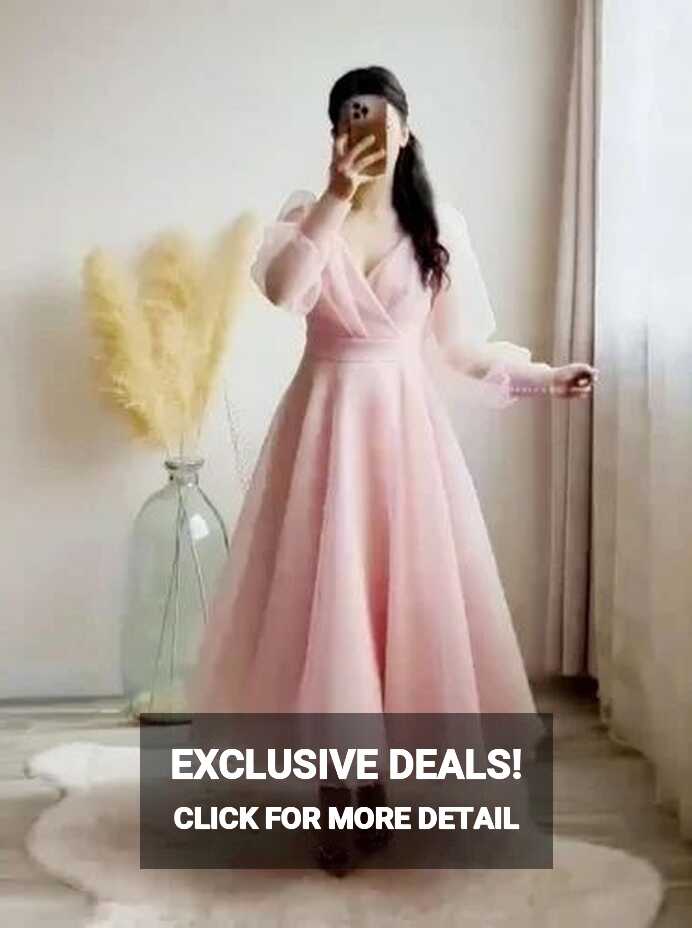 Pink Prom Dresses V-neck Puffy Sleeves A-line Evening Gown For ...