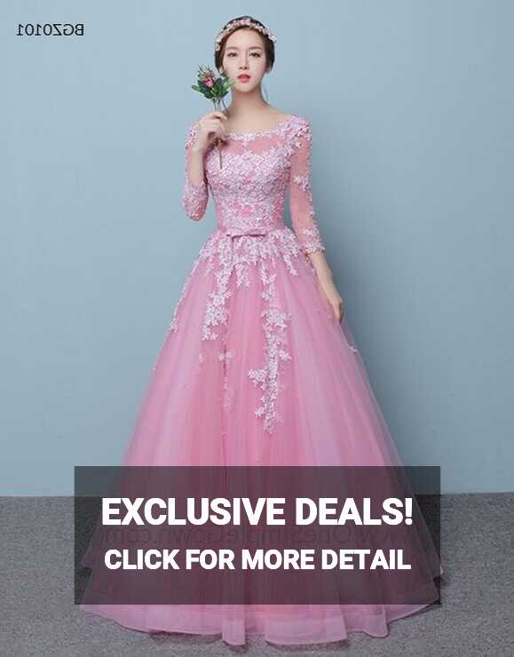 Pink Round Quarter Sleeve Lace Colorful Ball Gown - OneSimpleGown.com