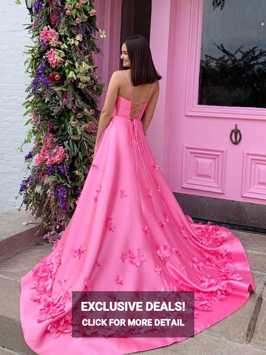 Pink Satin Prom Dresses Floral A-Line Formal Dresses 20599 ...