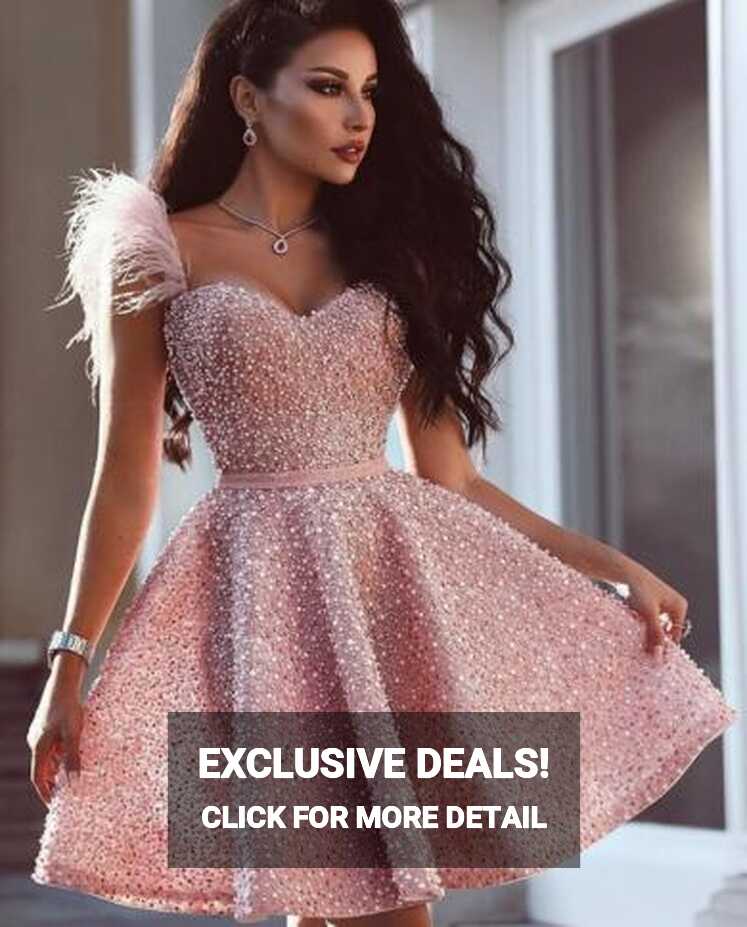 Pink Short Evening Dresses Sweetheart Off The Shoulder Pearls ...