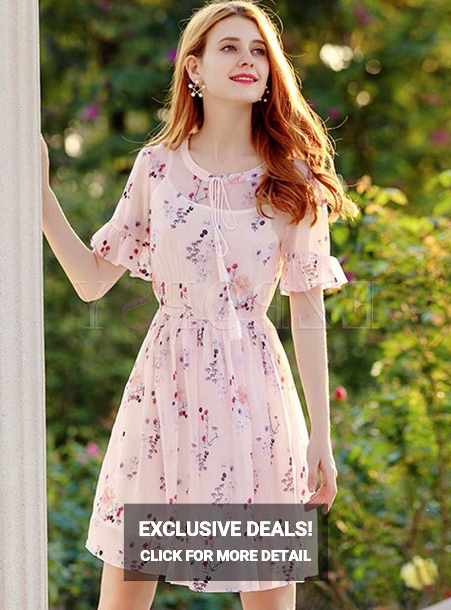 Pink Sweet Floral Print Chiffon Dress