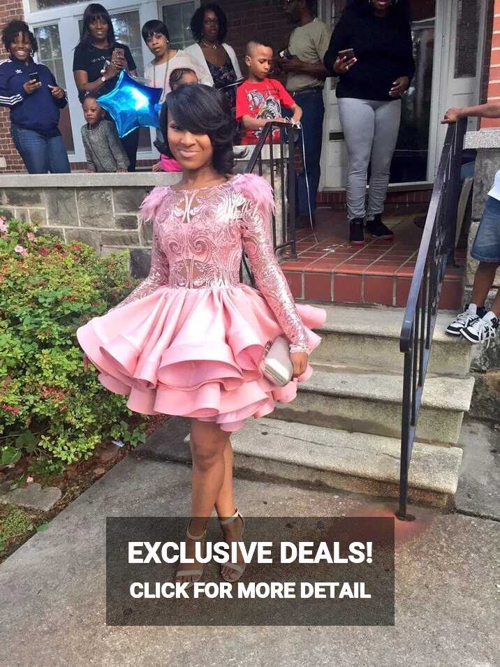 Pink Tiered Short Prom Dresses Long Sleeves A Line Sheer Jewel ...