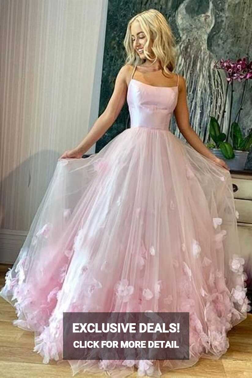 Pink Tulle Floral Long Prom Dresses,Spaghetti Straps Pink Floral ...