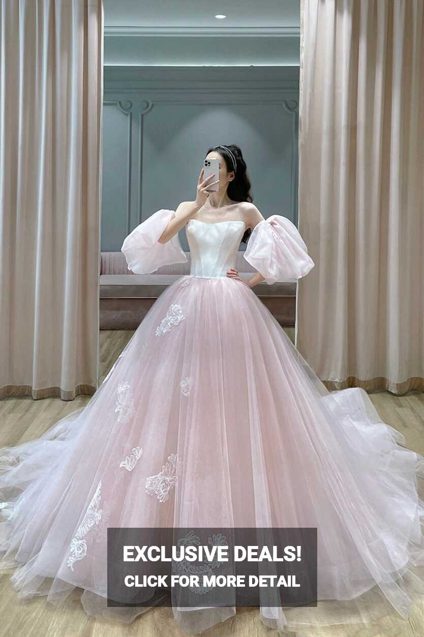 Pink Tulle Lace Long A-Line Princess Dress, Cute Puff Sleeve Sweet 16