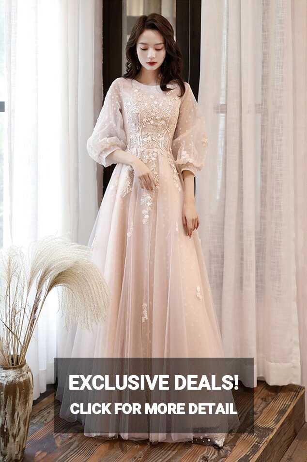 Pink Tulle Lace Long Sleeve Prom Dress, Lovely A-Line Party Dress