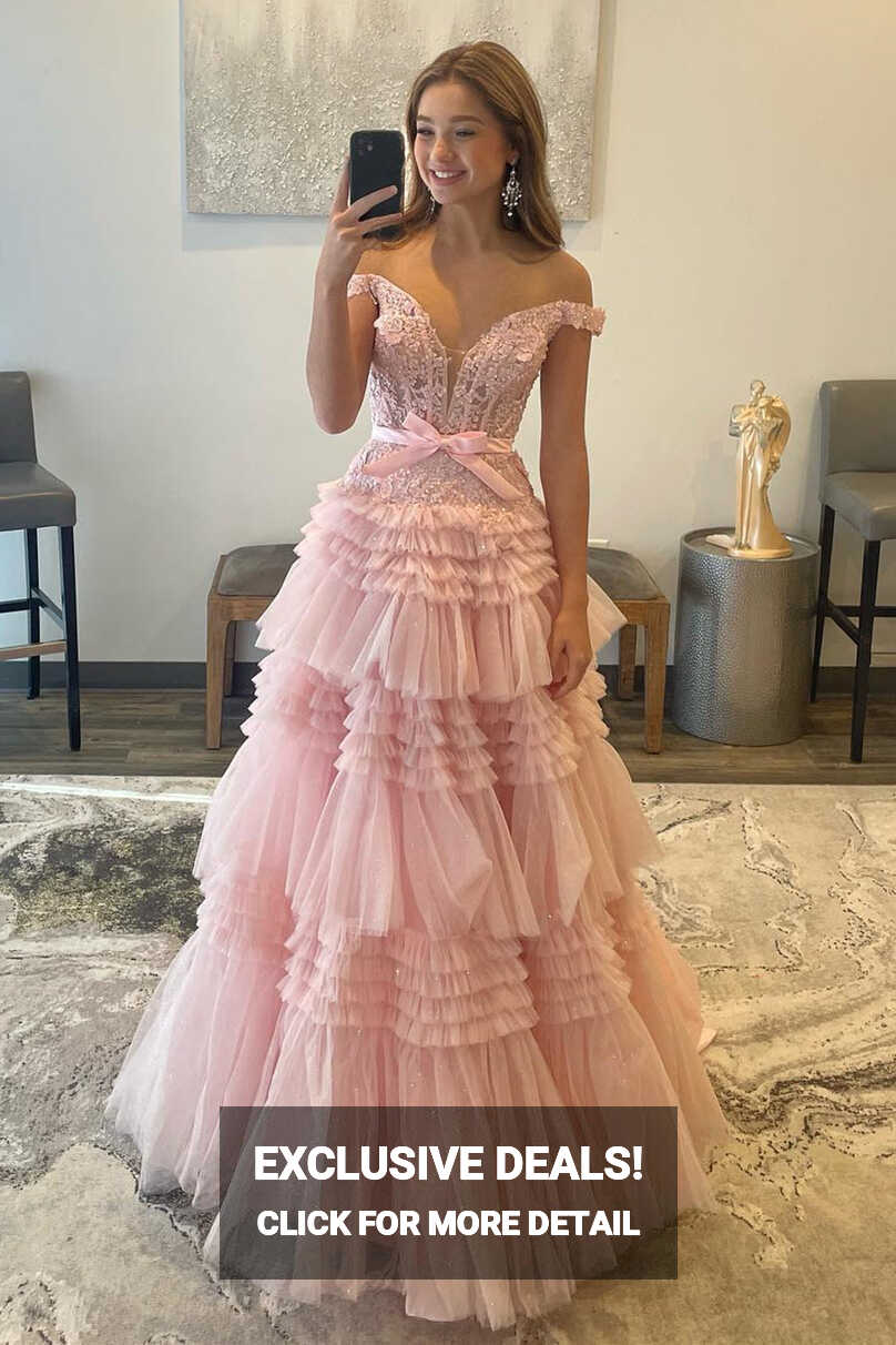 Pink Tulle Lace Off-the-Shoulder Ruffles Tiered Long Prom Dress ...