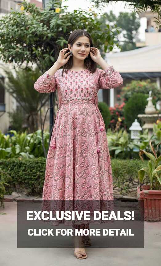 Pink embroidered cotton long-kurtis - KAAJH - 4153028