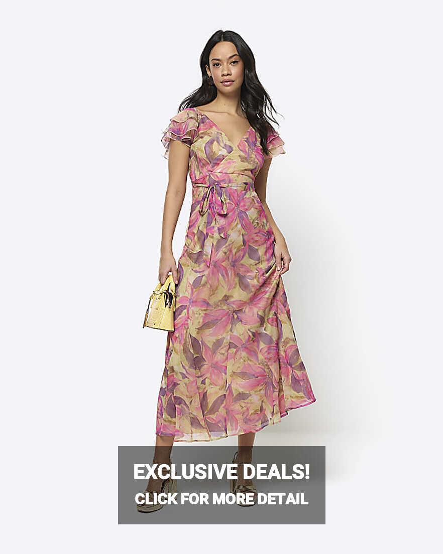 Pink floral frill sleeve swing midi dress | River Island