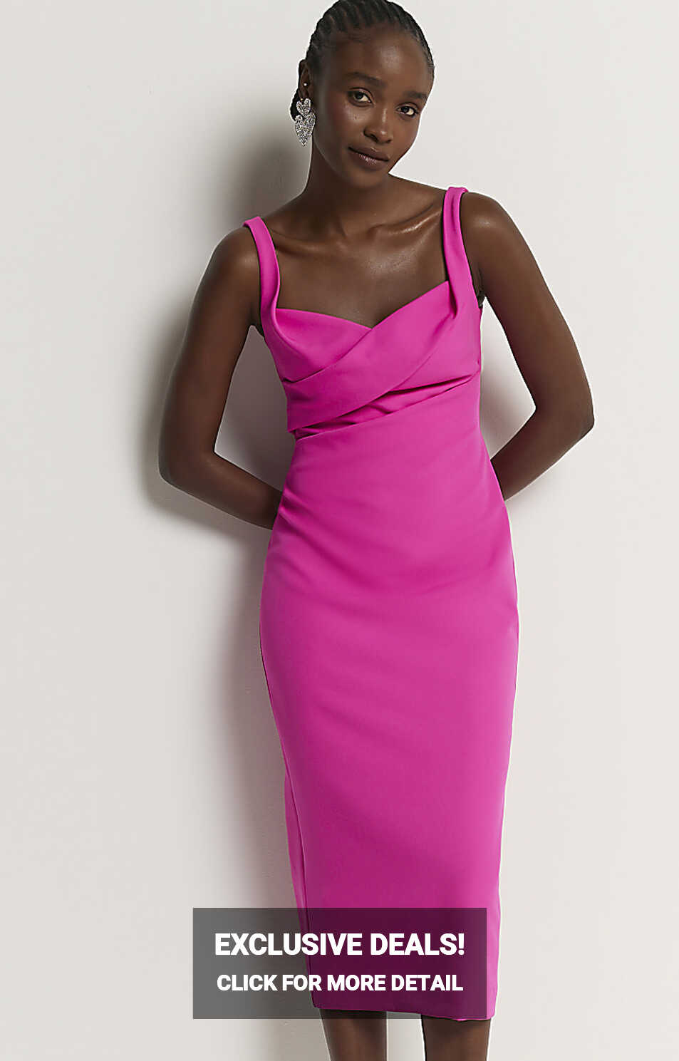 Pink ruched open back bodycon midi dress | River Island