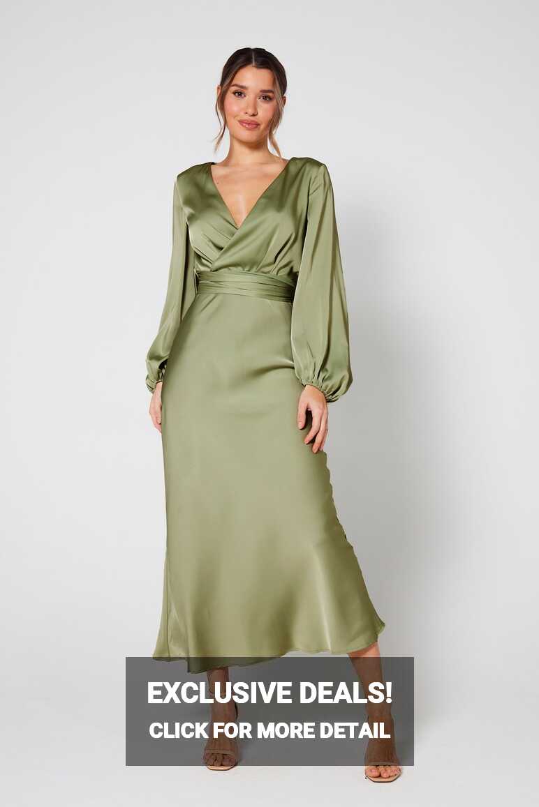 Pippa Long Sleeve Satin Maxi Dress in Olive | Luxe Collection ...