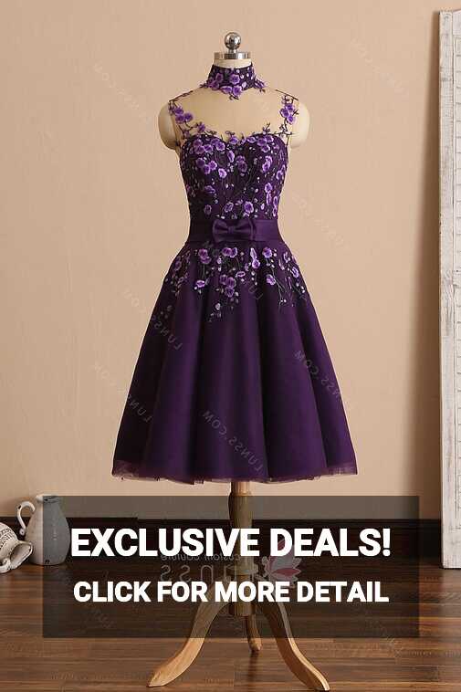 Plum Purple Blossom Illusion Knee Length Party Dress - Lunss