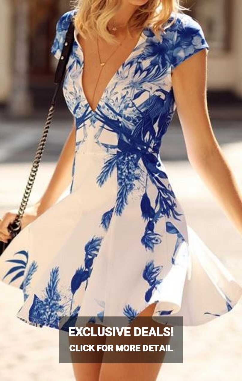 Plunging Neck Blue Floral Print Dress WHITE