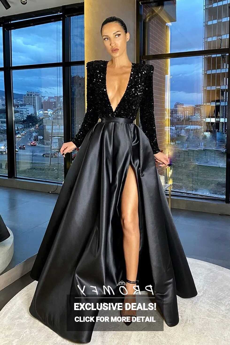 Plunging V Neck Long Sleeve Split Black Prom Dress - Promfy