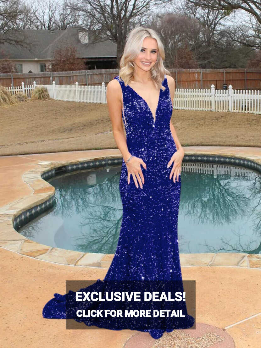 Plunging V Neck Sequin Mermaid Prom Dresses Sparkly Court Train ...