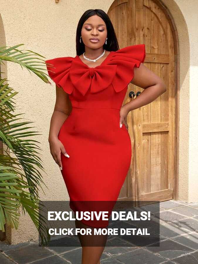 Plus Big Bow Front Ruffle Trim Bodycon Dress