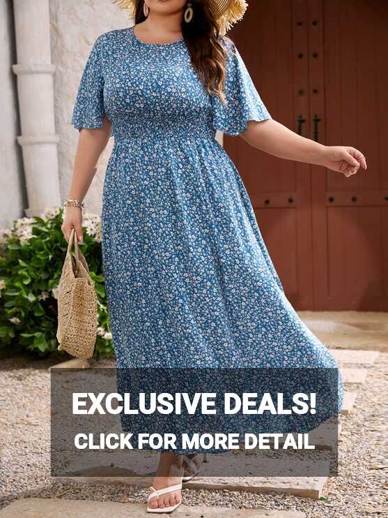 Plus Ditsy Floral Shirred Waist Butterfly Sleeve Dress | SHEIN