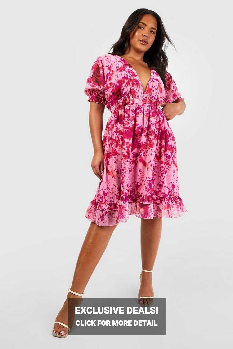 Plus Floral Print Chiffon Short Sleeve Skater Dress | boohoo NZ